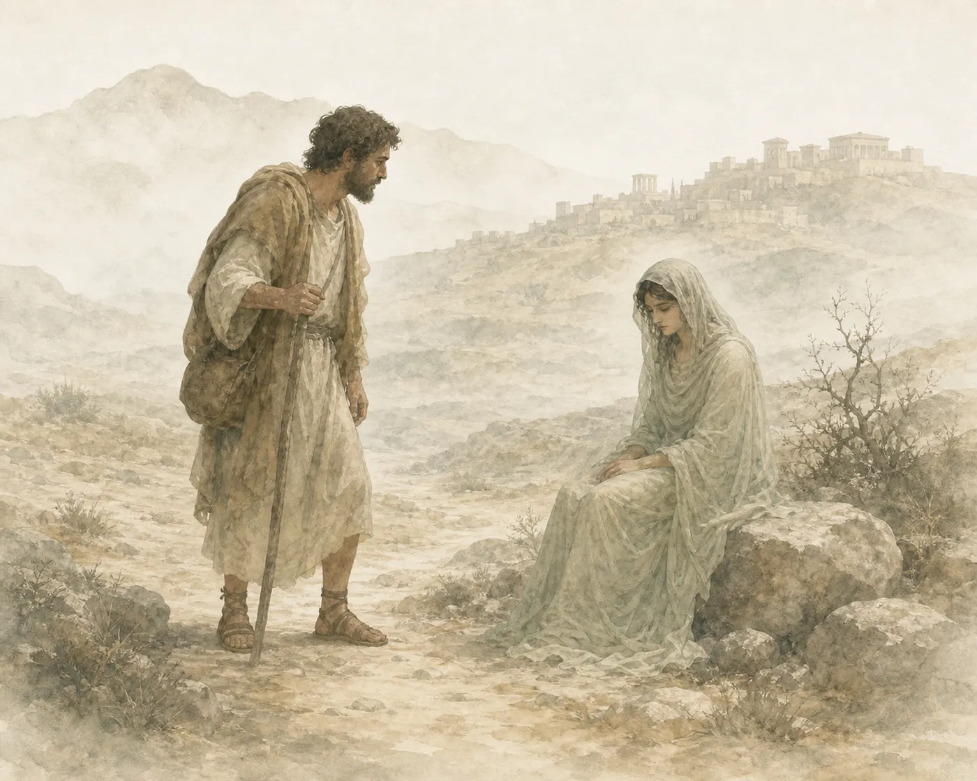Illustration for Aesop’s fable “The Traveller and Truth”