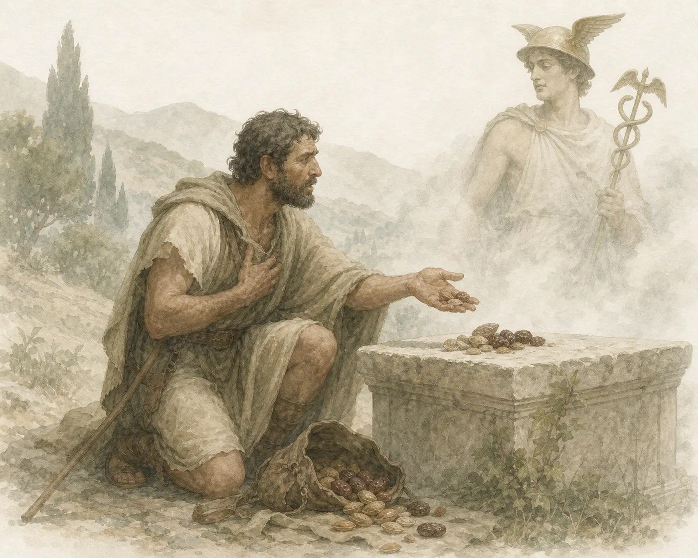 Illustration for Aesop’s fable “The Traveller and Hermes”
