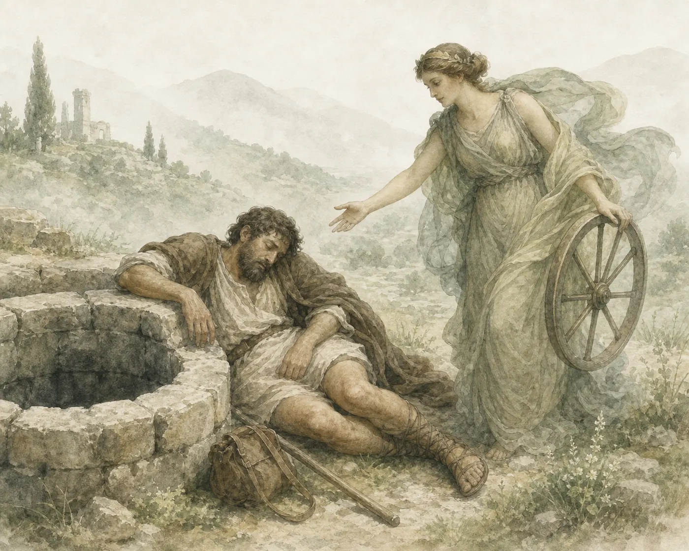 Illustration for Aesop’s fable “The Traveller and Fortune”