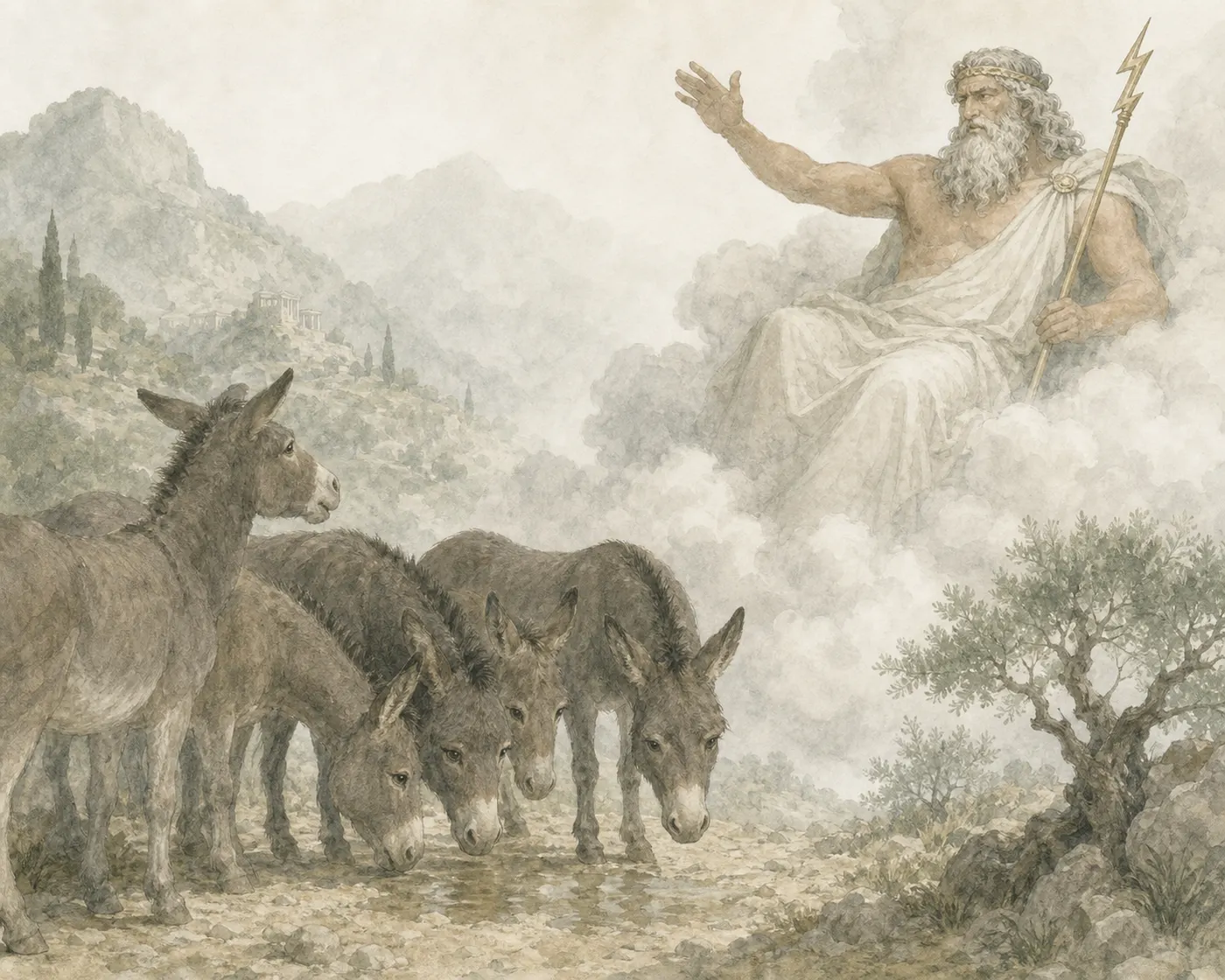 Illustration for Aesop’s fable “The Asses Appealing to Zeus”