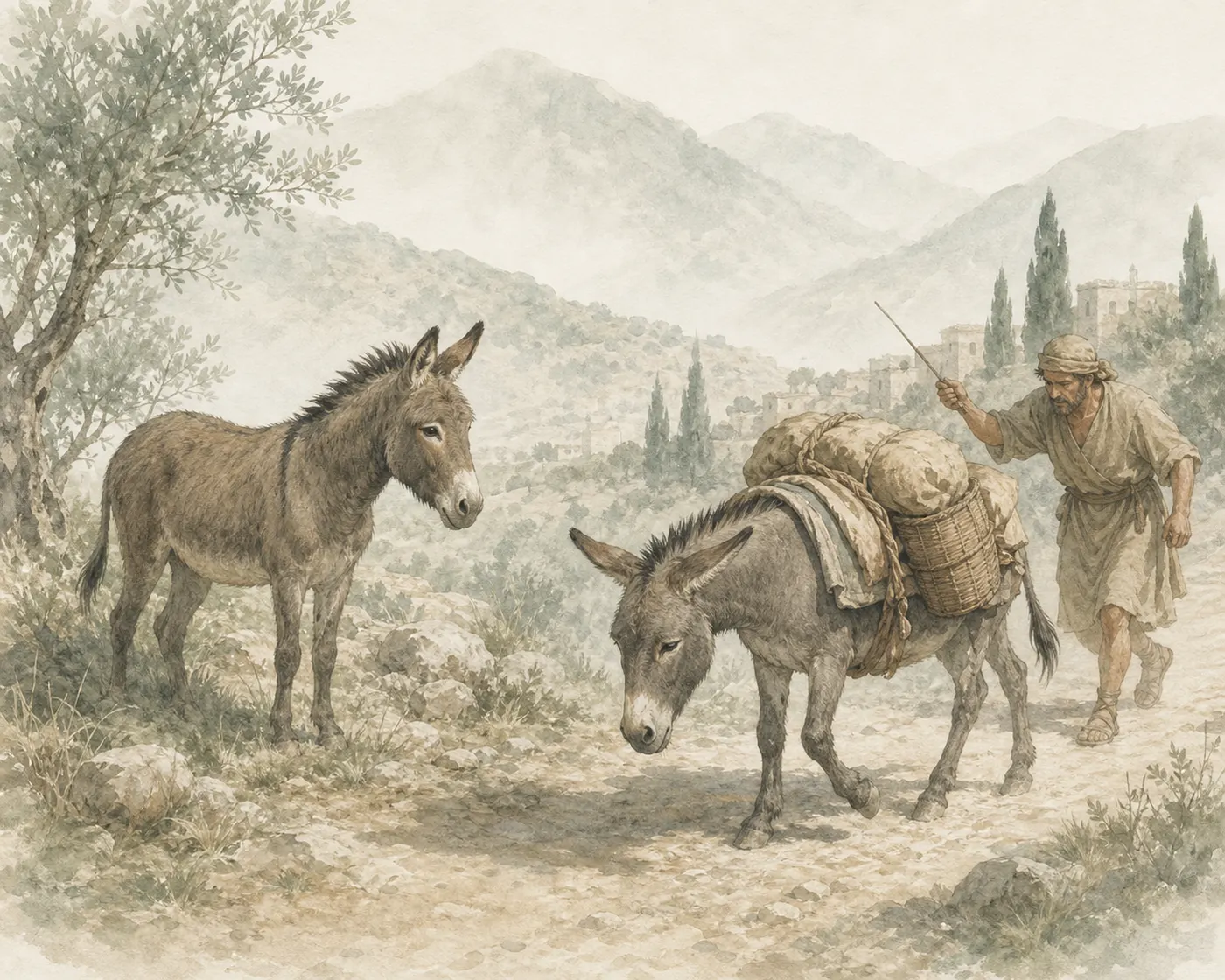Illustration for Aesop’s fable “The Wild Ass and the Tame Ass”