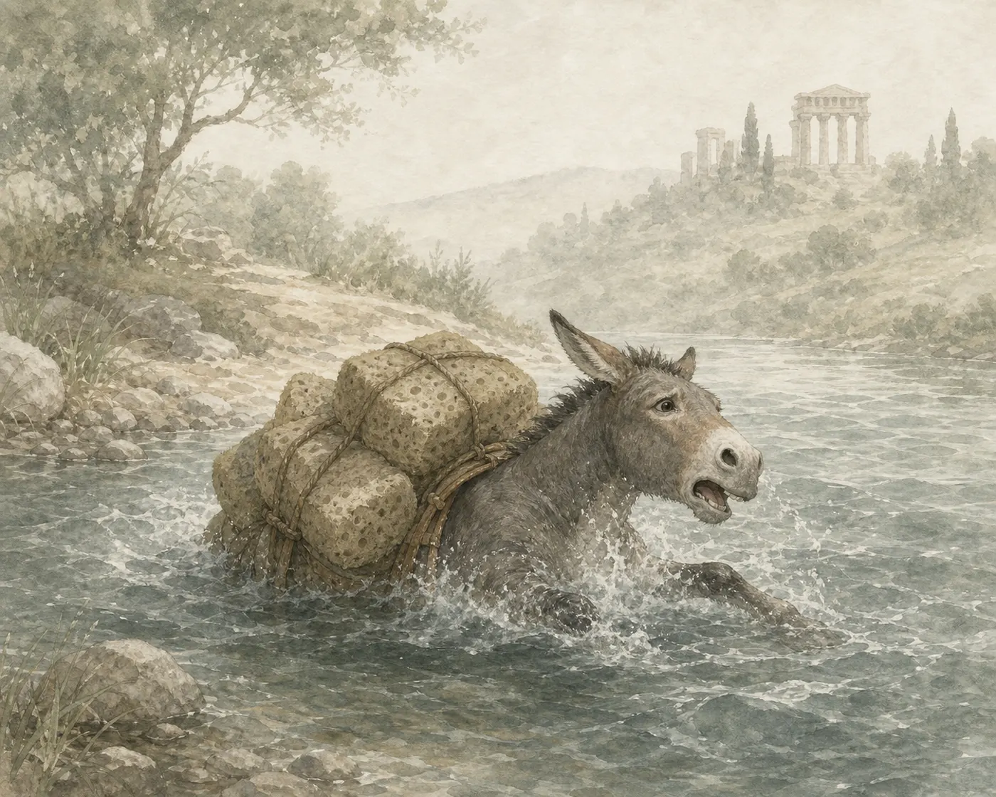 Illustration for Aesop’s fable “The Ass Carrying Salt”