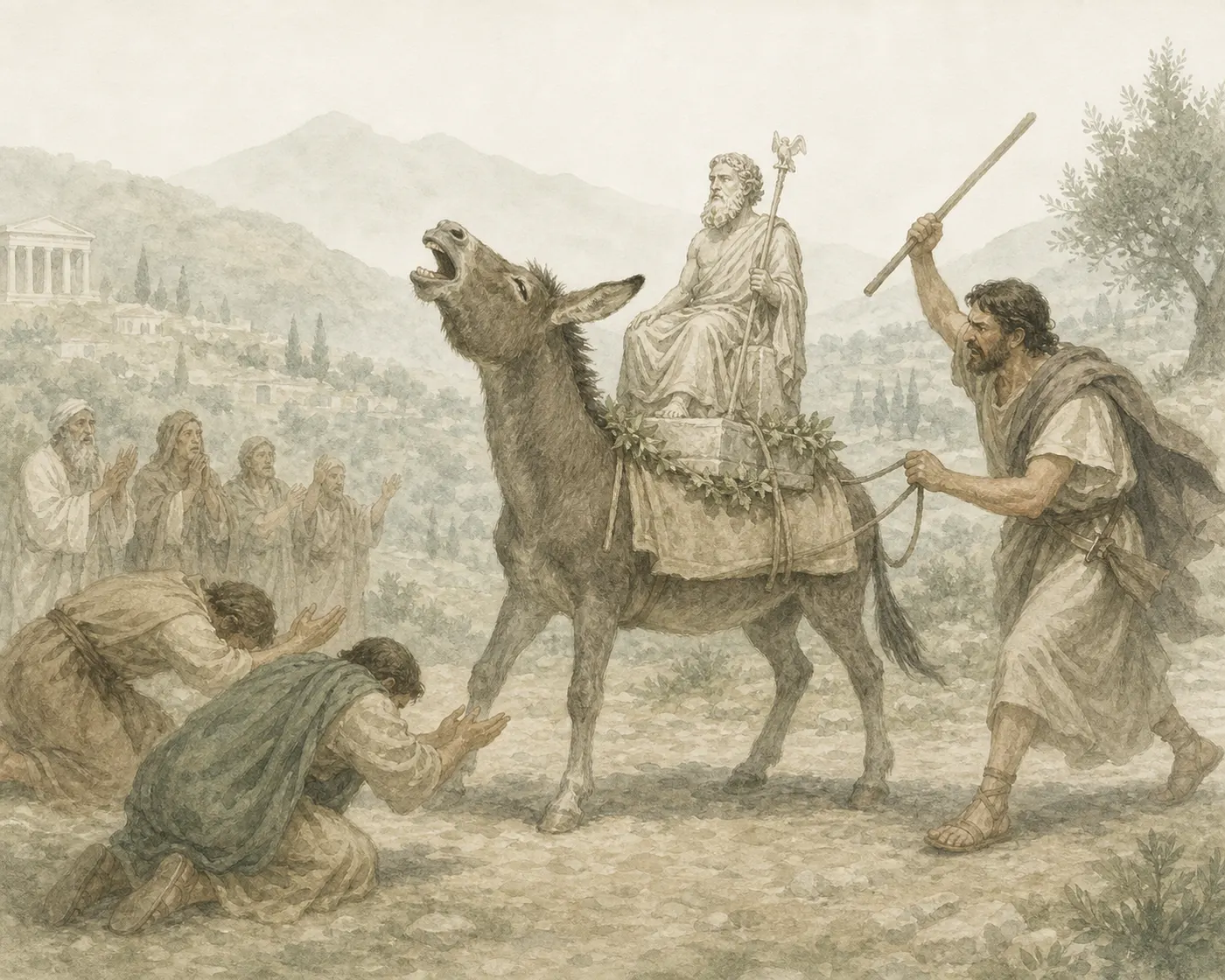Illustration for Aesop’s fable “The Ass Carrying a Statue of a God”