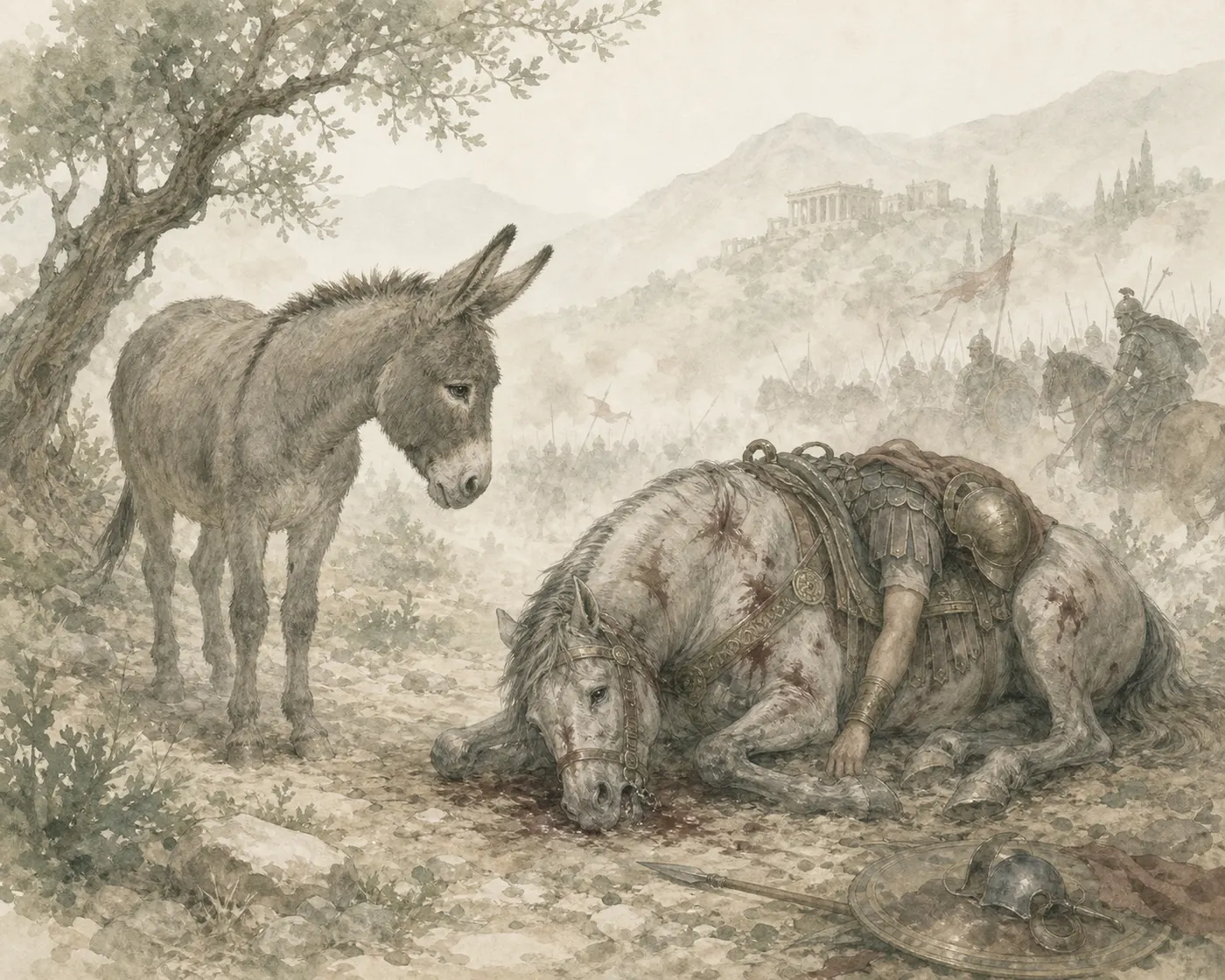 Illustration for Aesop’s fable “The Ass Praising the Horse's Lot”
