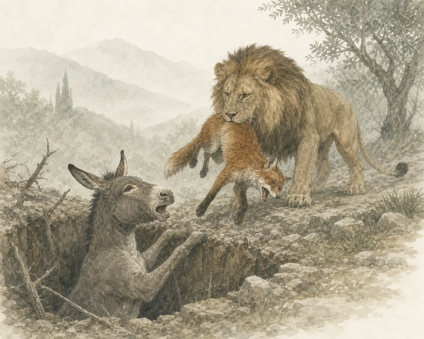 Illustration for Aesop’s fable “The Ass, the Fox, and the Lion”