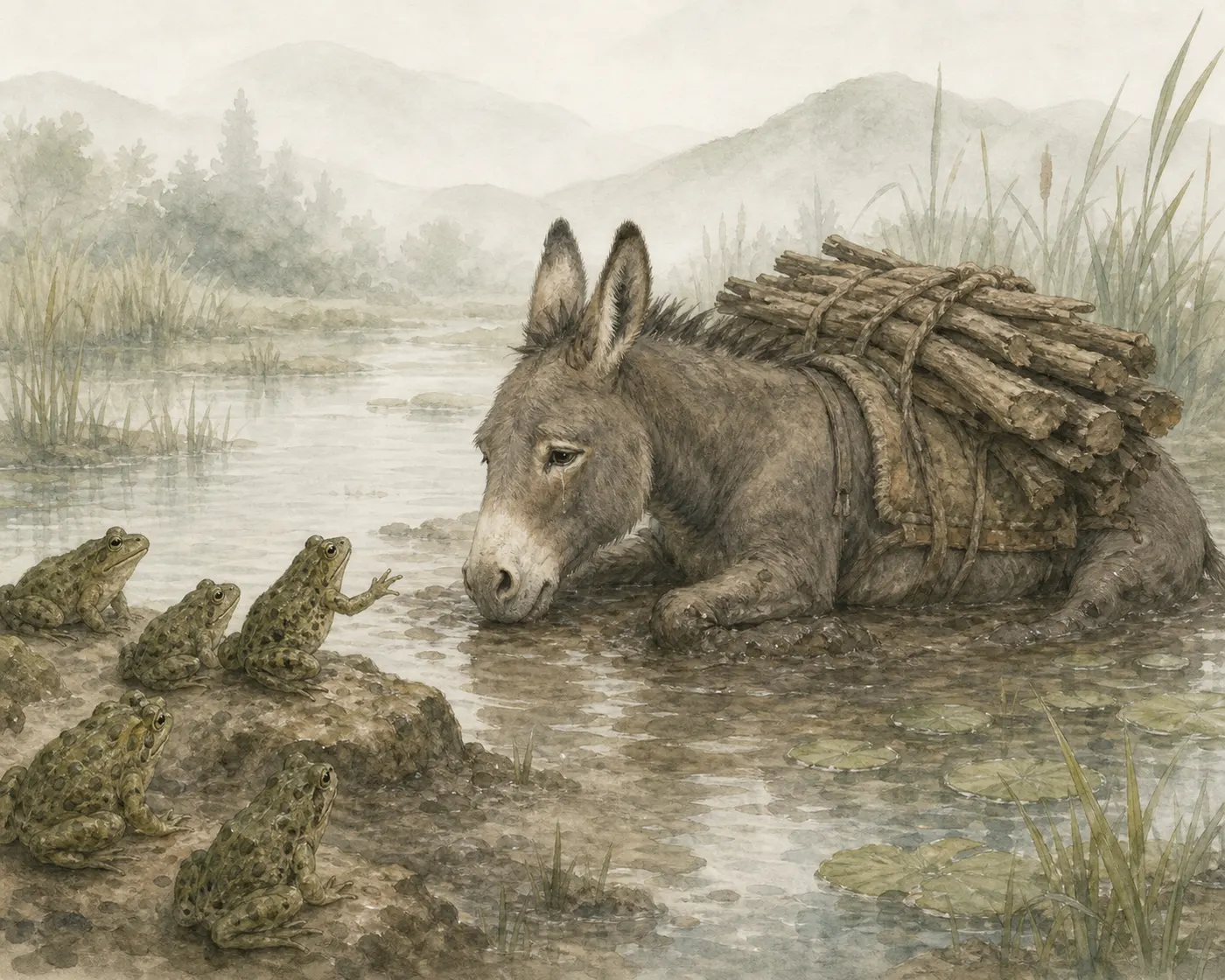 Illustration for Aesop’s fable “The Ass and the Frogs”