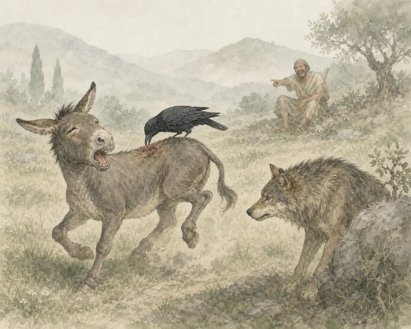 Illustration for Aesop’s fable “The Ass, the Crow, and the Wolf”
