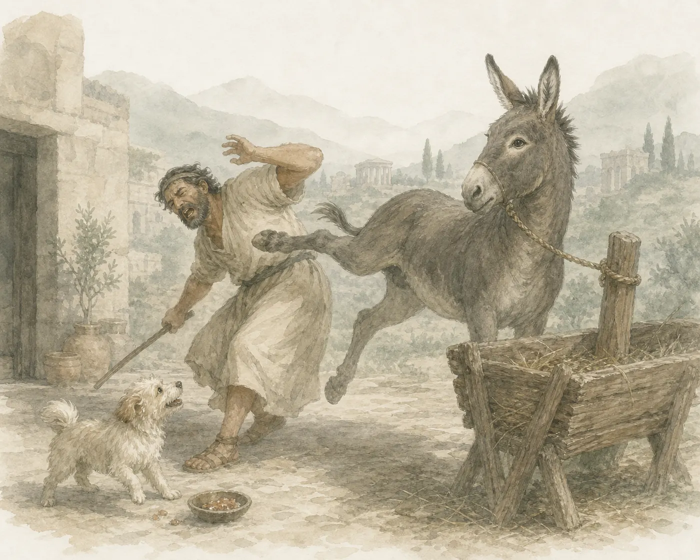 Illustration for Aesop’s fable “The Ass and the Little Dog”