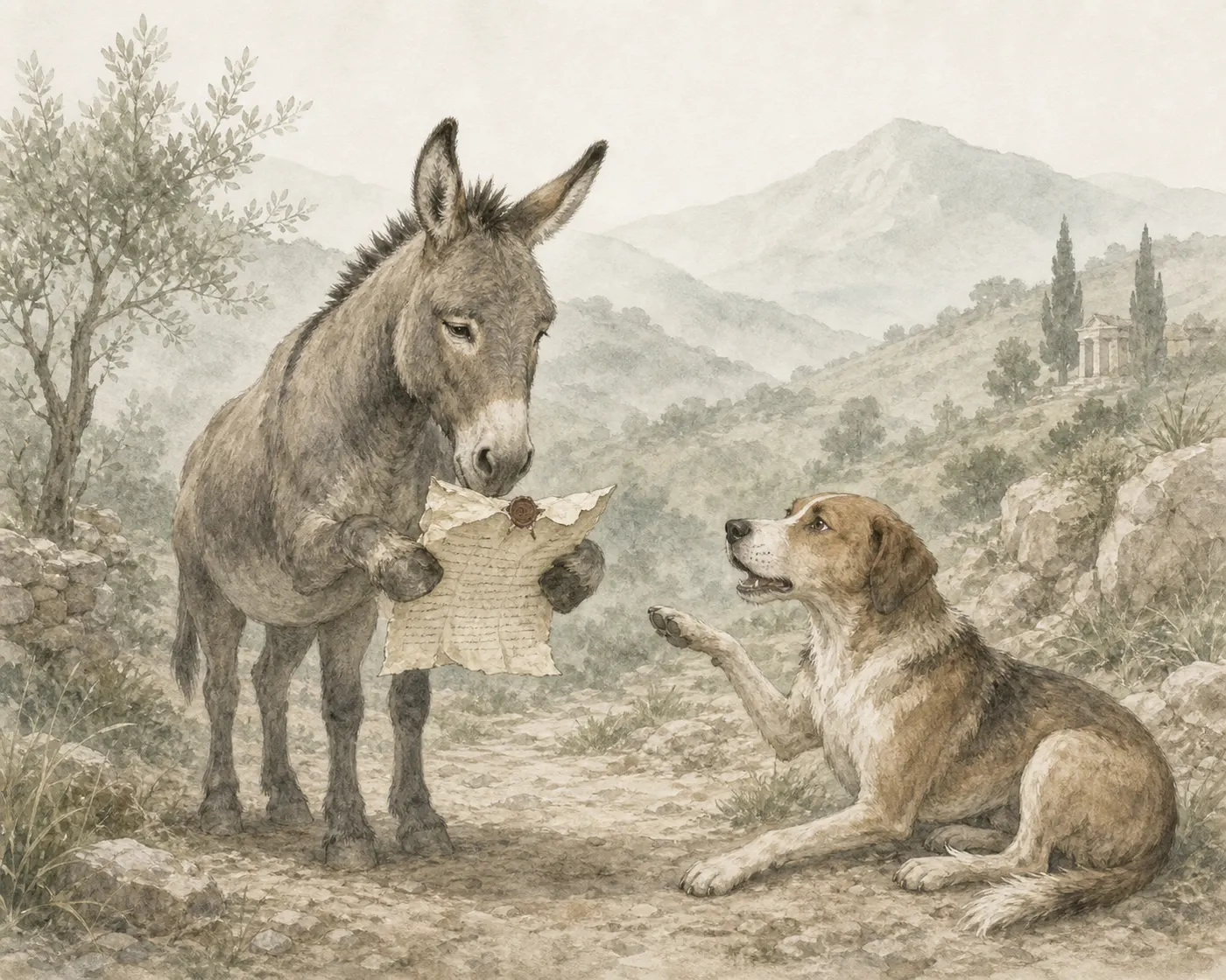 Illustration for Aesop’s fable “The Ass and the Dog Travelling Together”