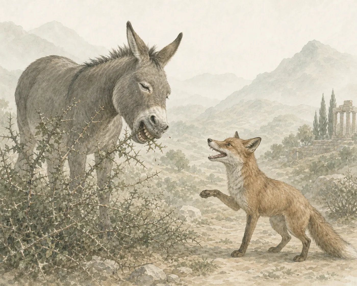 Illustration for Aesop’s fable “The Ass Browsing on Thorns and the Fox”