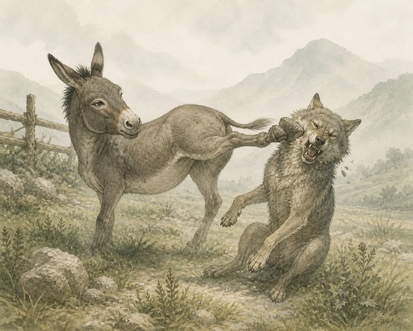 Illustration for Aesop’s fable “The Ass Pretending to Limp and the Wolf”