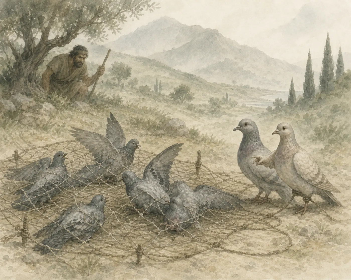 Illustration for Aesop’s fable “The Fowler, the Wild Pigeons, and the Tame Pigeons”