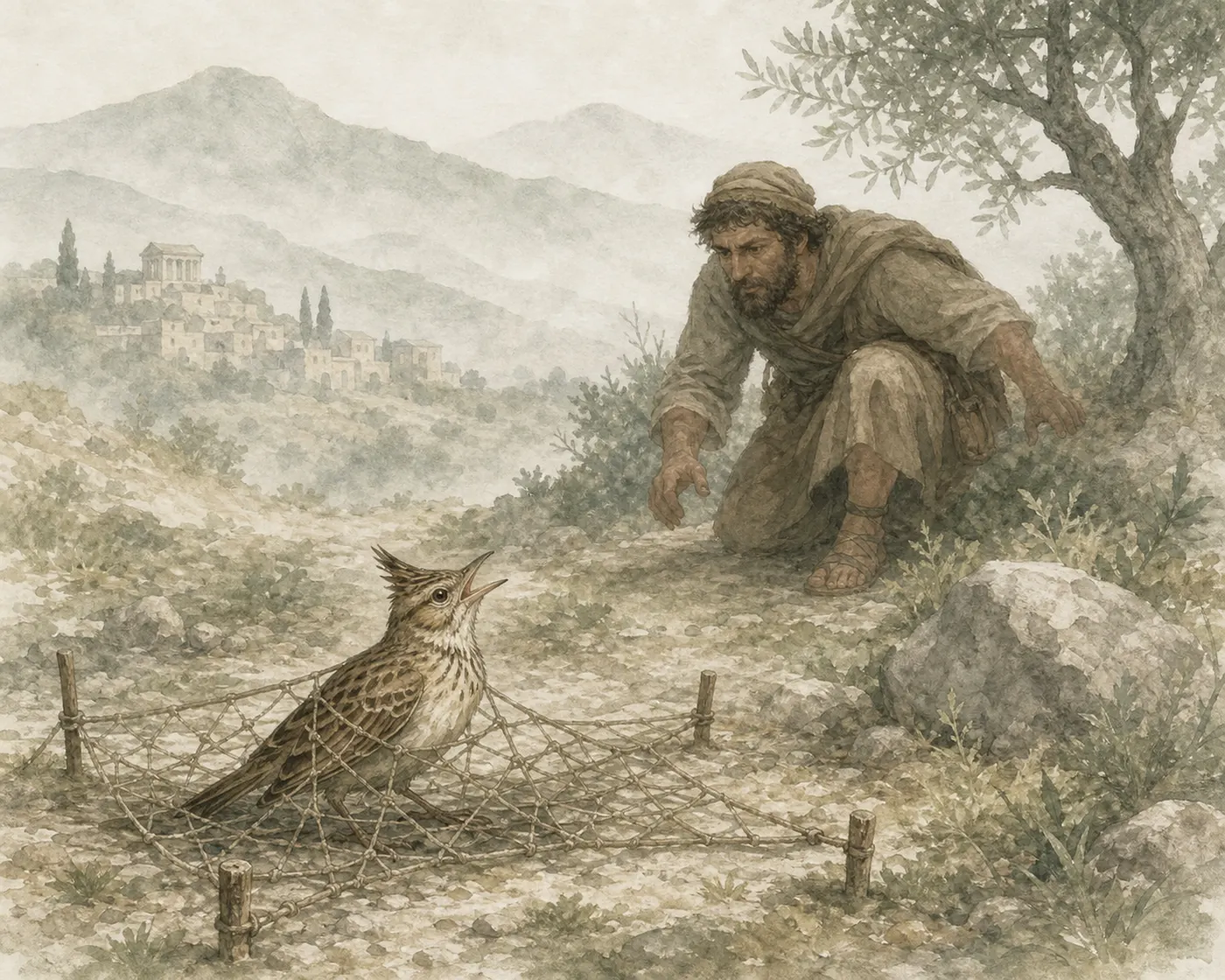 Illustration for Aesop’s fable “The Fowler and the Crested Lark”