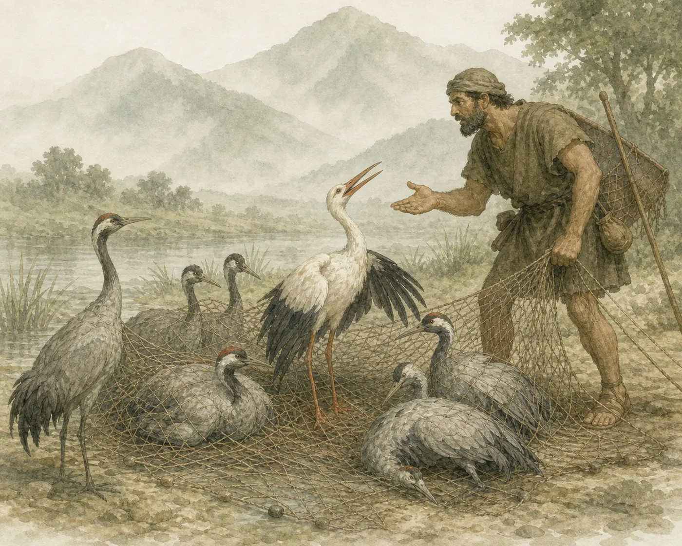 Illustration for Aesop’s fable “The Fowler and the Stork”