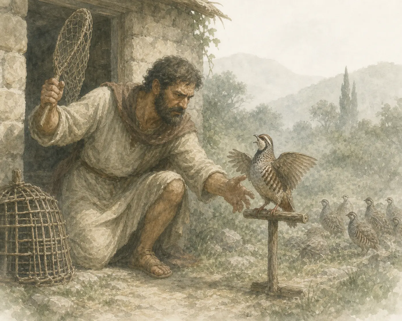 Illustration for Aesop’s fable “The Fowler and the Partridge”