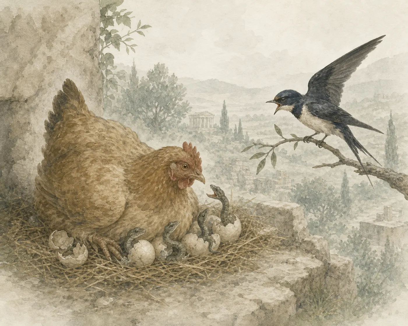 Illustration for Aesop’s fable “The Hen and the Swallow”