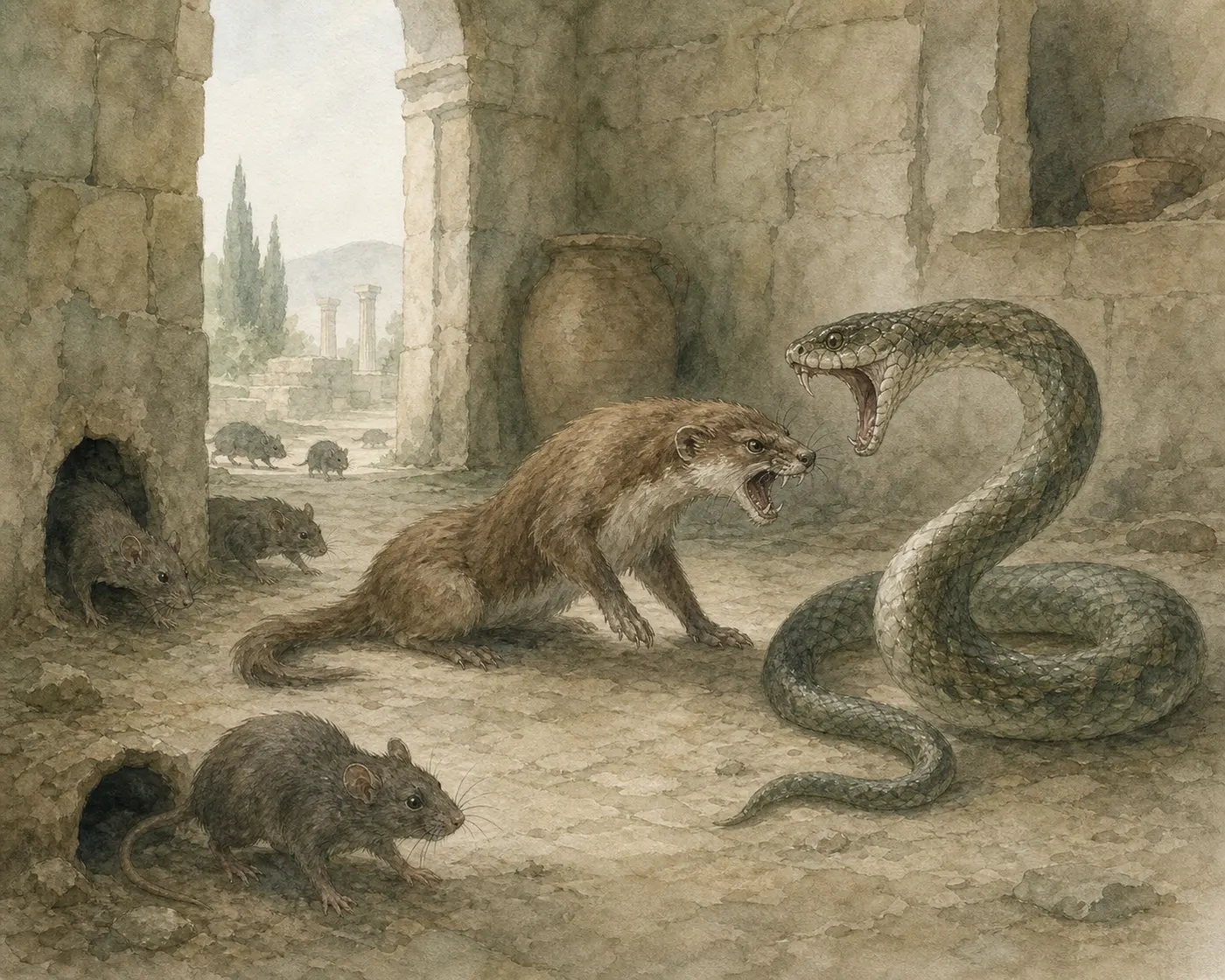 Illustration for Aesop’s fable “The Serpent, the Weasel, and the Rats”