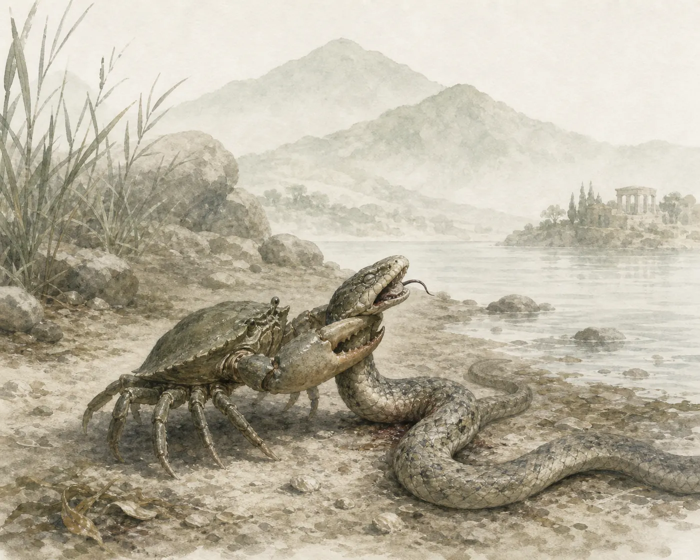 Illustration for Aesop’s fable “The Serpent and the Crab”