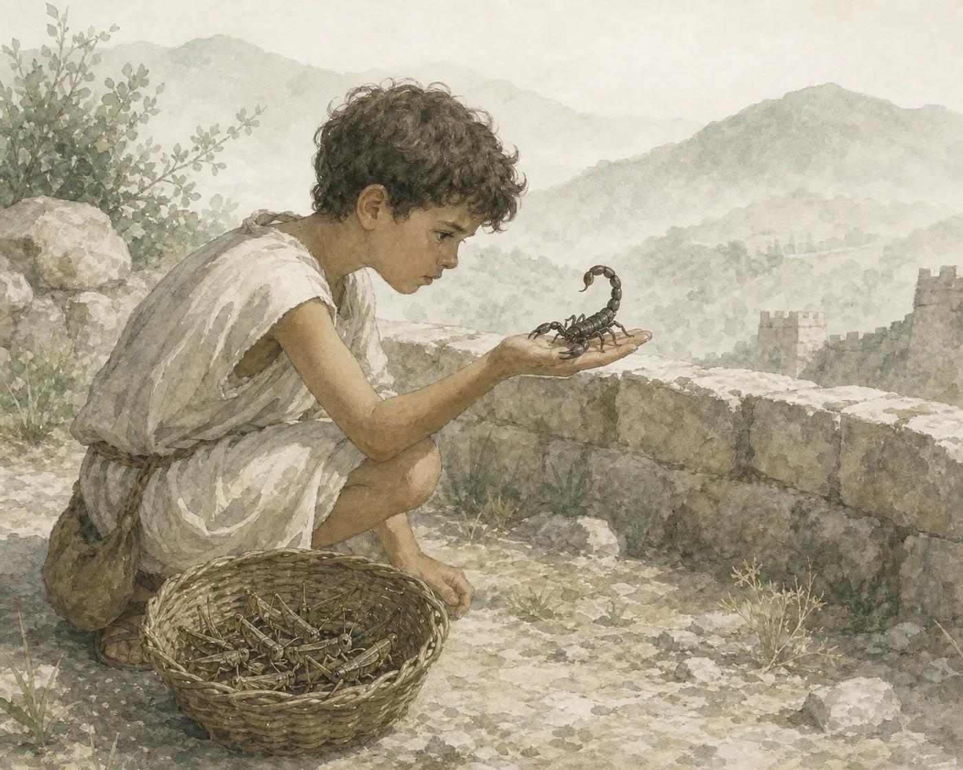 Illustration for Aesop’s fable “The Child Hunting Locusts”