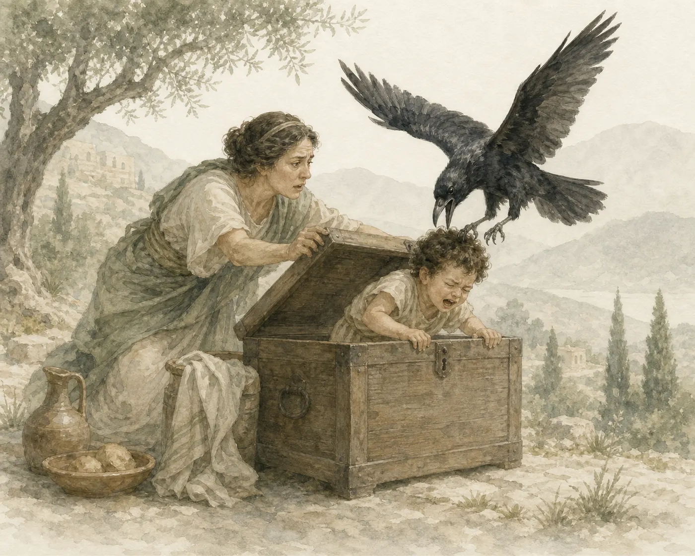 Illustration for Aesop’s fable “The Child and the Raven”