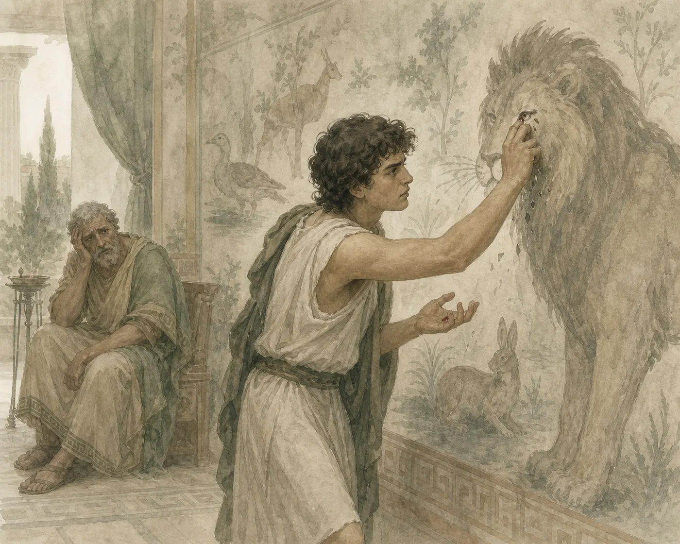 Illustration for Aesop’s fable “The Son and the Painted Lion”