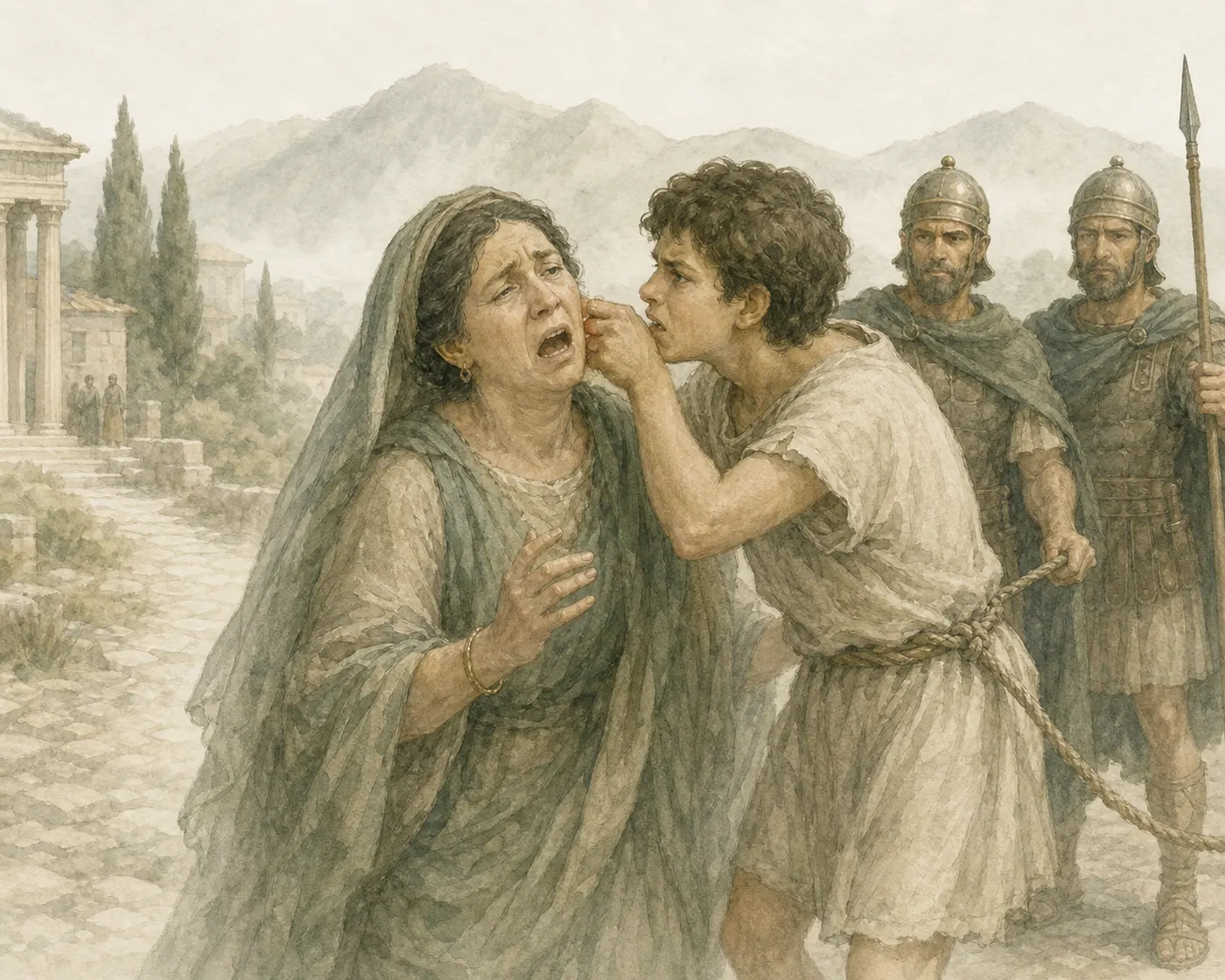Illustration for Aesop’s fable “The Thieving Child and His Mother”