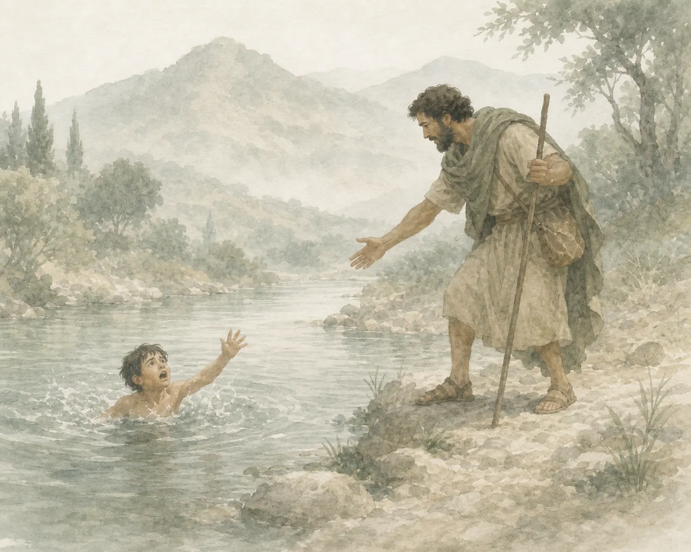 Illustration for Aesop’s fable “The Child Bathing”