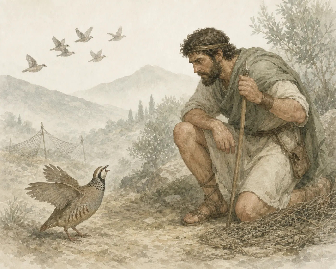 Illustration for Aesop’s fable “The Partridge and the Man”
