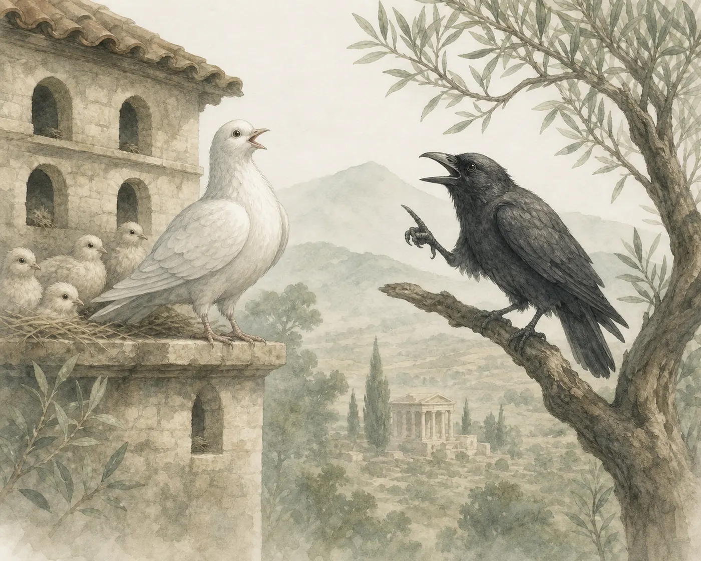 Illustration for Aesop’s fable “The Dove and the Crow”