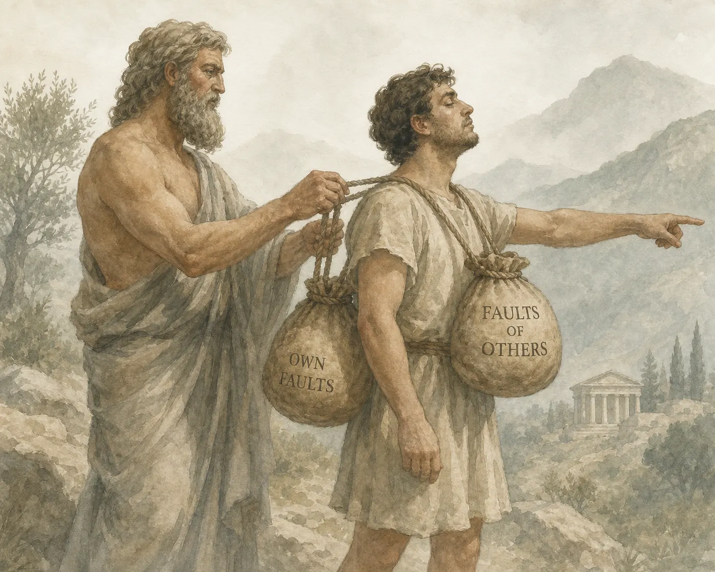 Illustration for Aesop’s fable “The Two Bags”