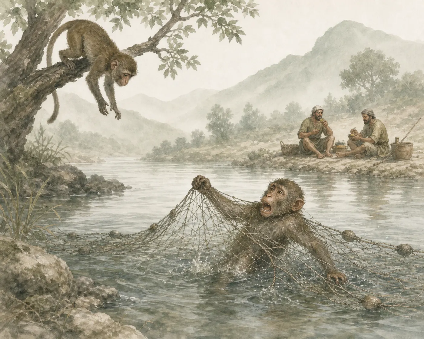 Illustration for Aesop’s fable “The Monkey and the Fishermen”