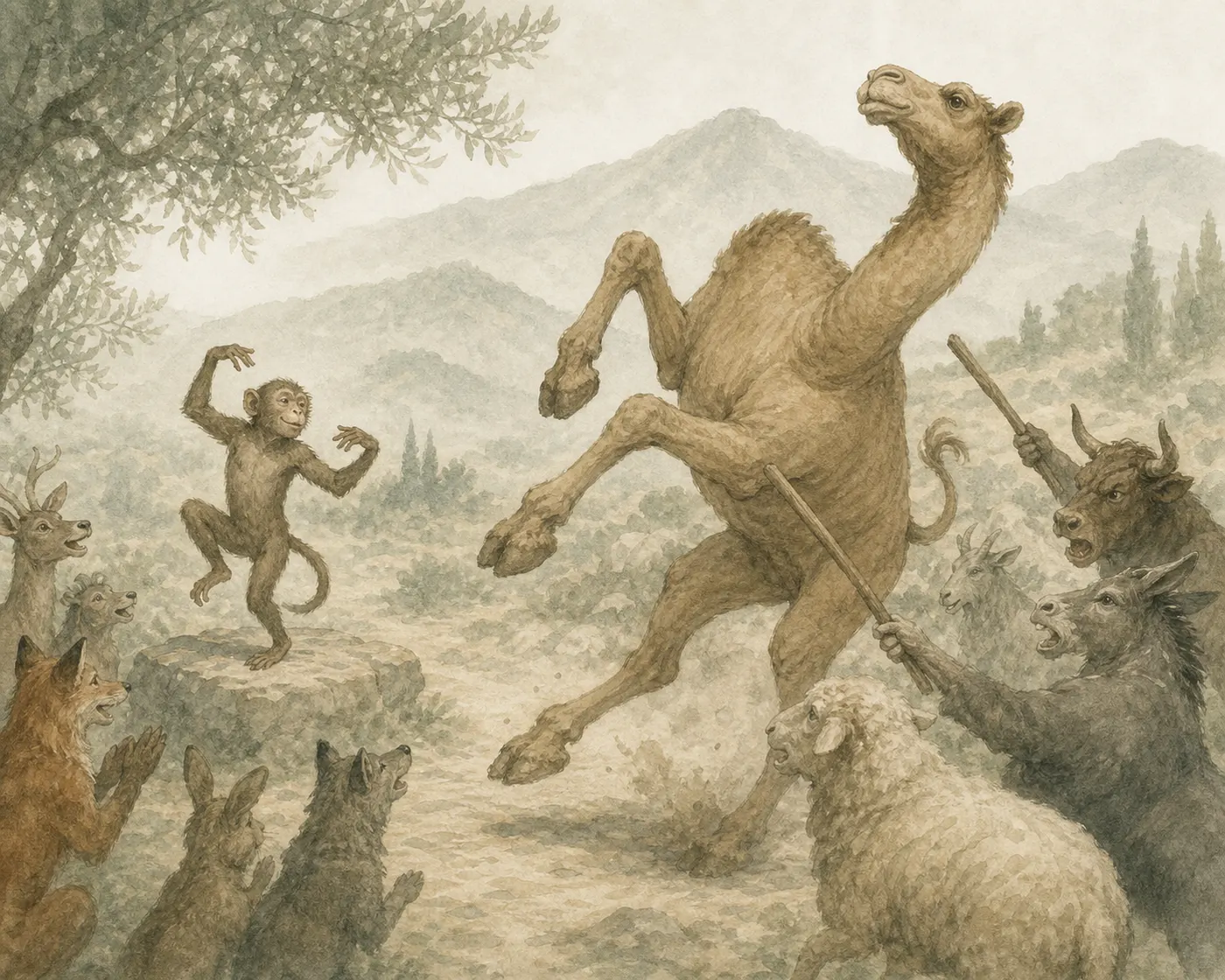 Illustration for Aesop’s fable “The Monkey and the Camel”