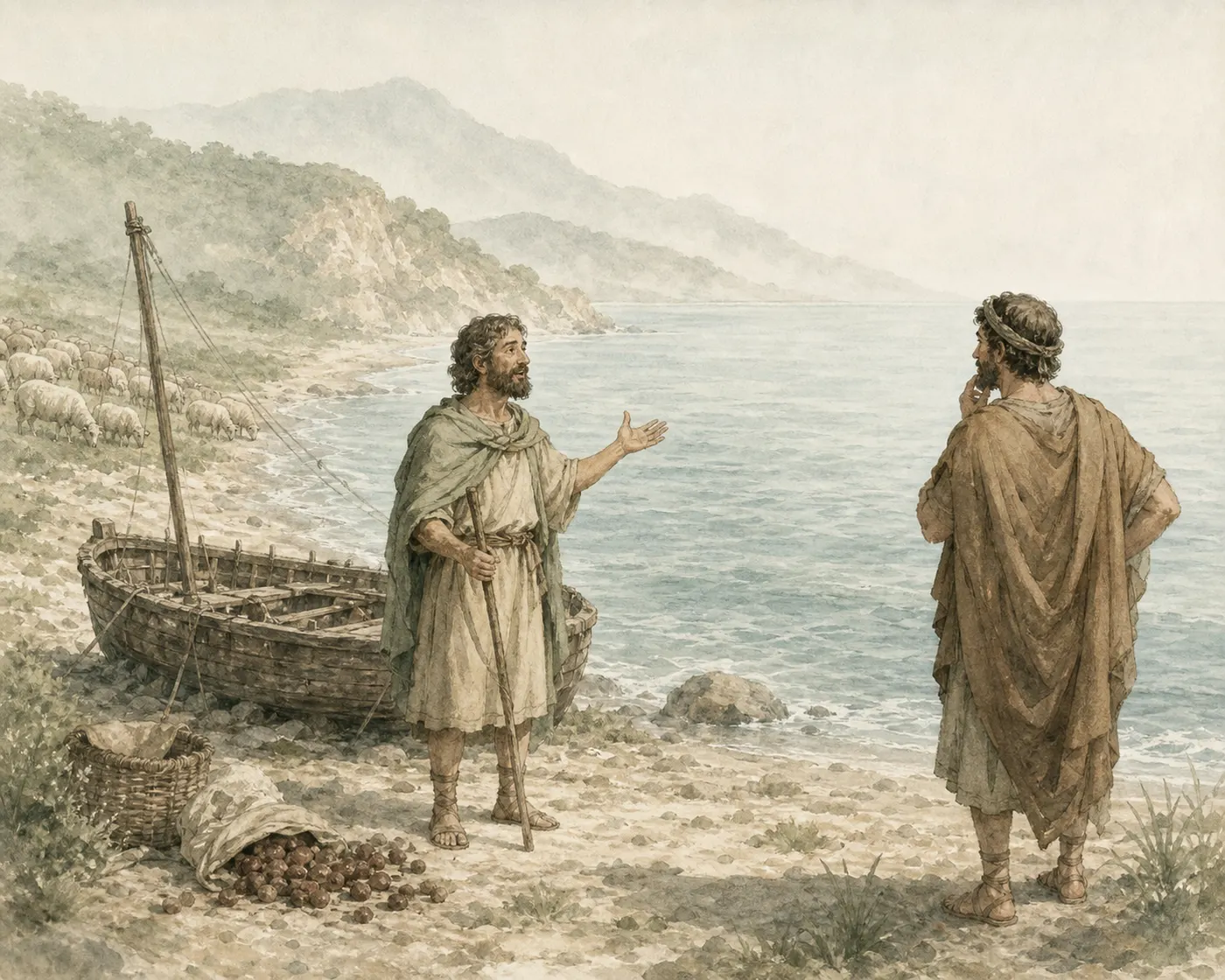Illustration for Aesop’s fable “The Shepherd and the Sea”