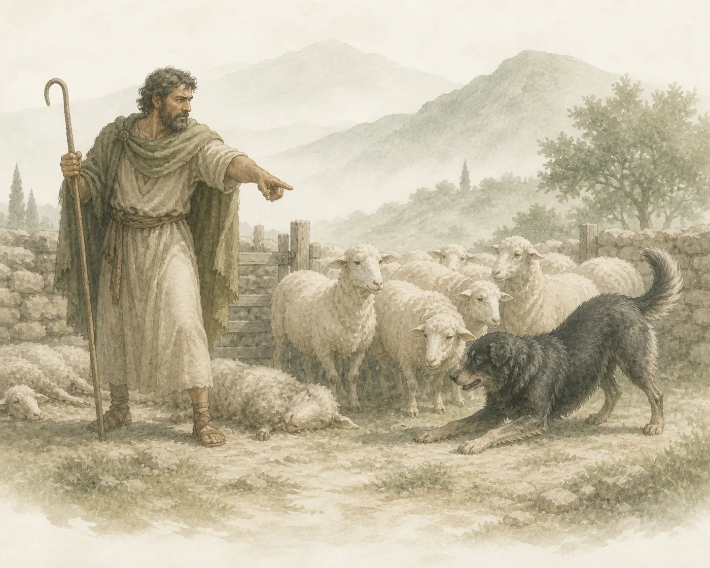 Illustration for Aesop’s fable “The Shepherd and the Dog That Fawns on the Sheep”