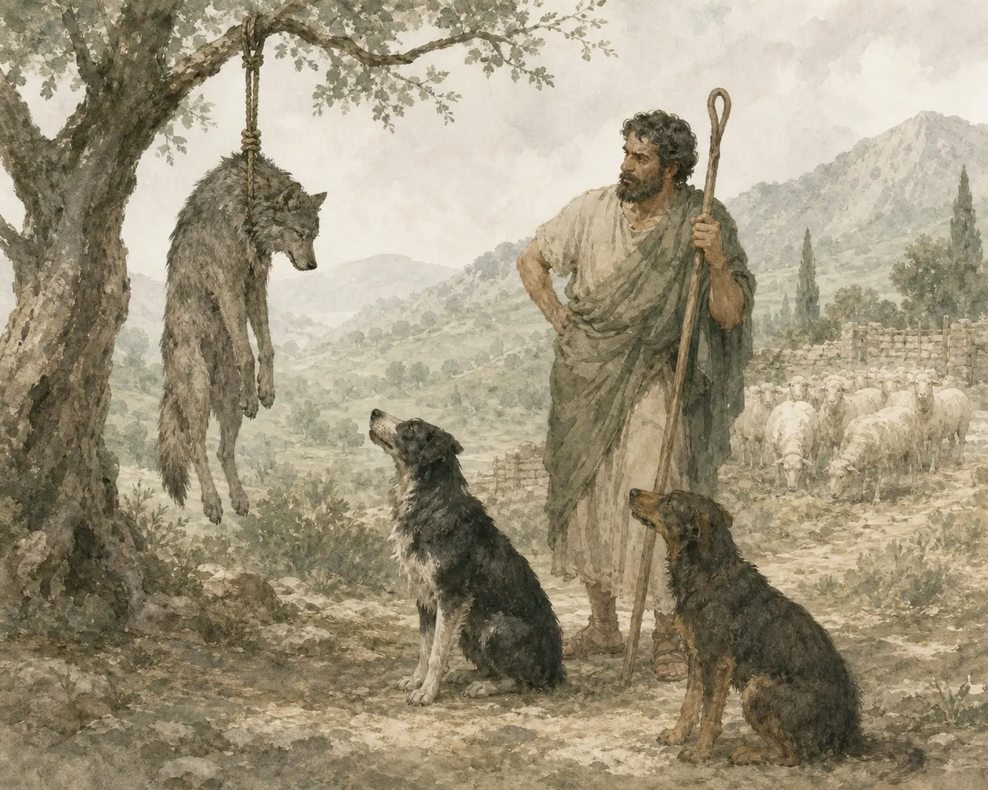 Illustration for Aesop’s fable “The Shepherd and the Wolf Reared with the Dogs”