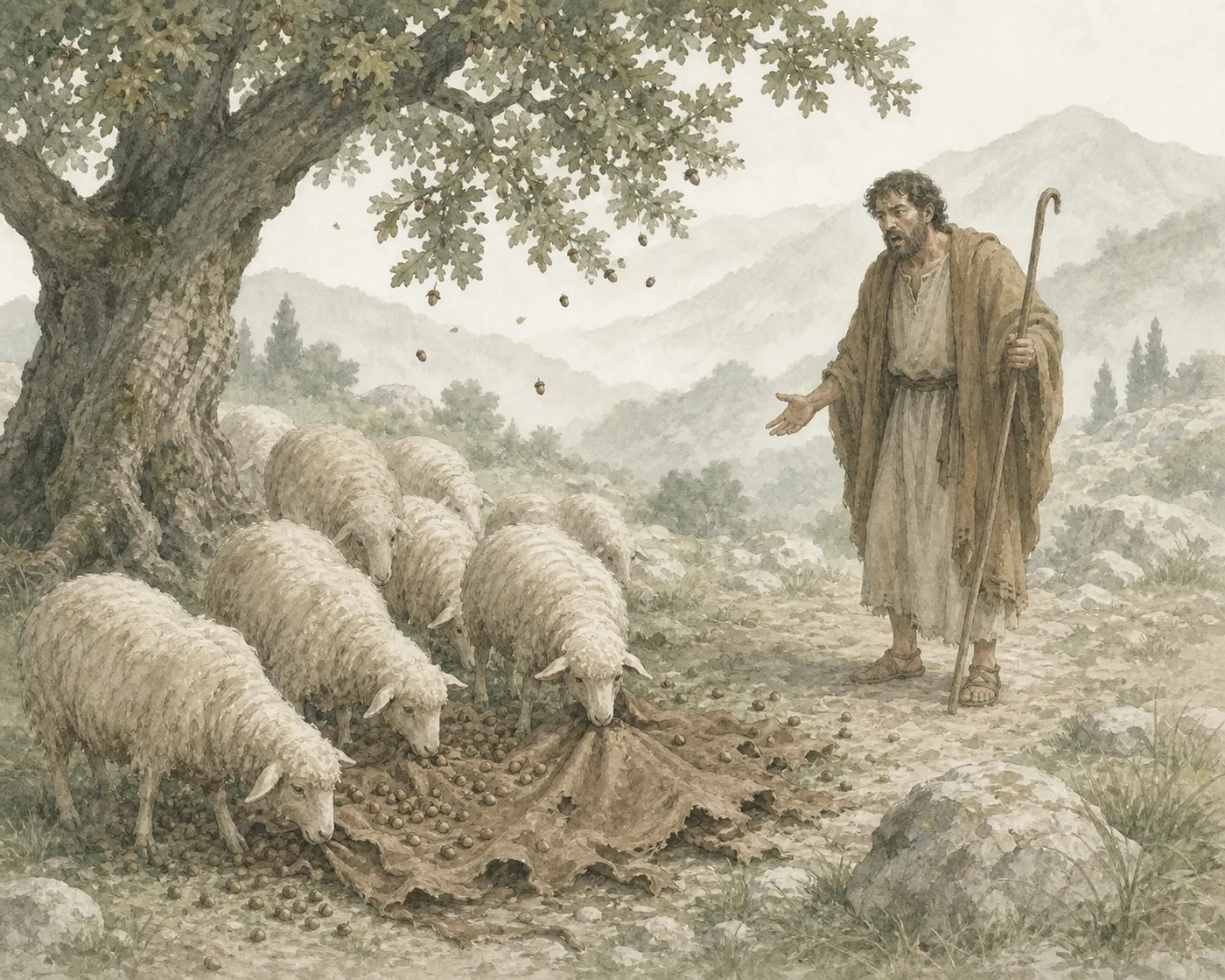 Illustration for Aesop’s fable “The Shepherd and His Sheep”