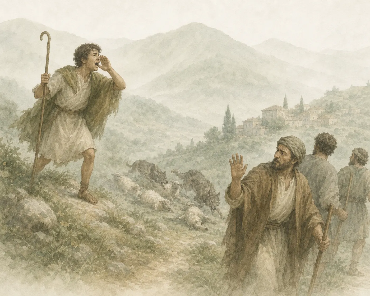 Illustration for Aesop’s fable “The Shepherd Who Played Tricks”