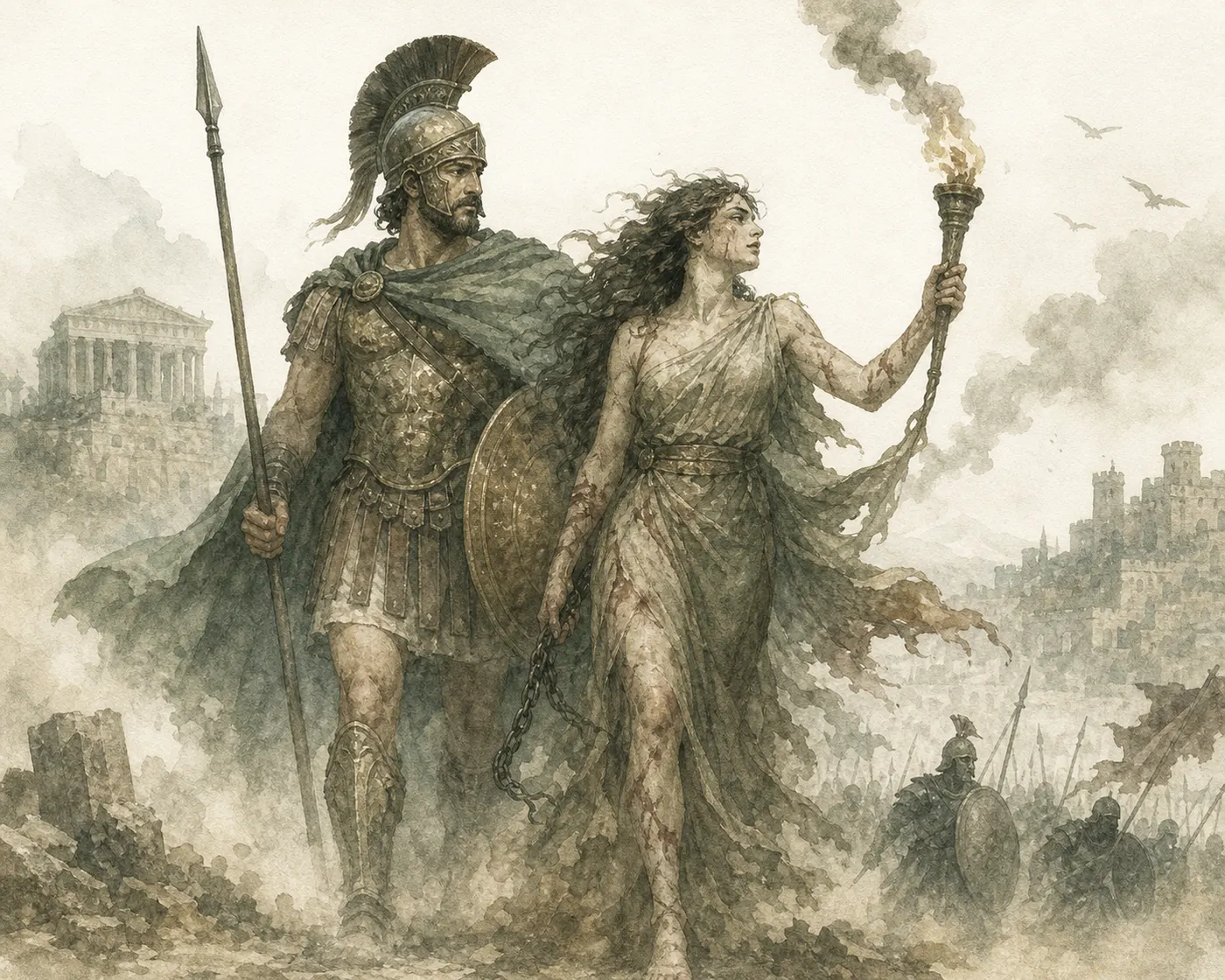 Illustration for Aesop’s fable “The God of War and Violence”