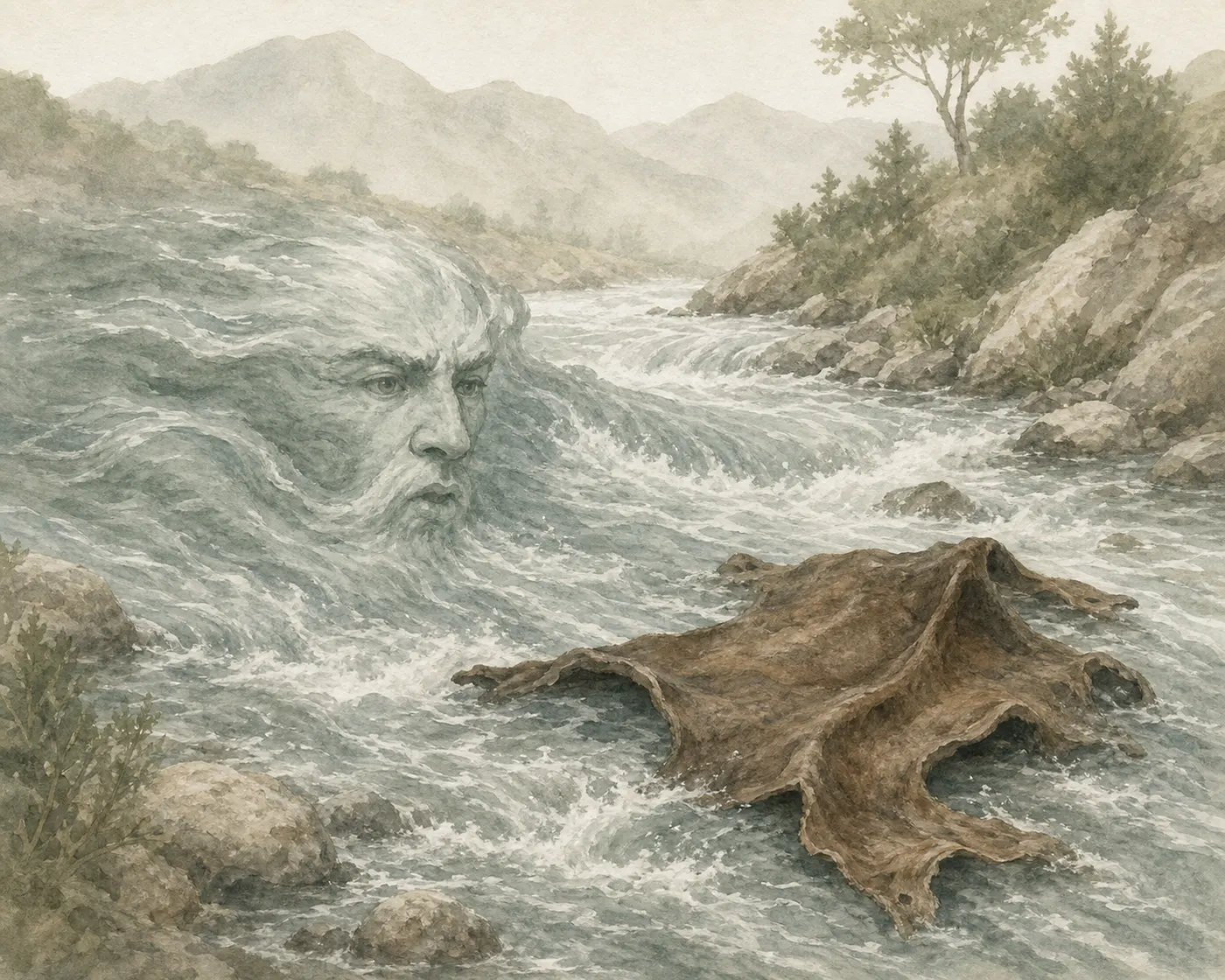 Illustration for Aesop’s fable “The River and the Hide”