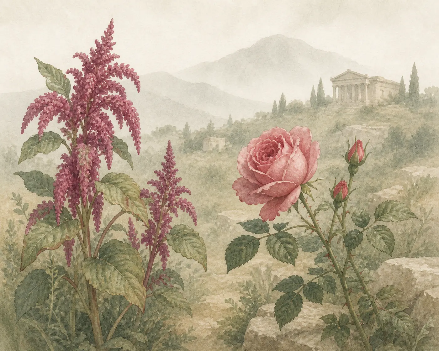 Illustration for Aesop’s fable “The Rose and the Amaranth”