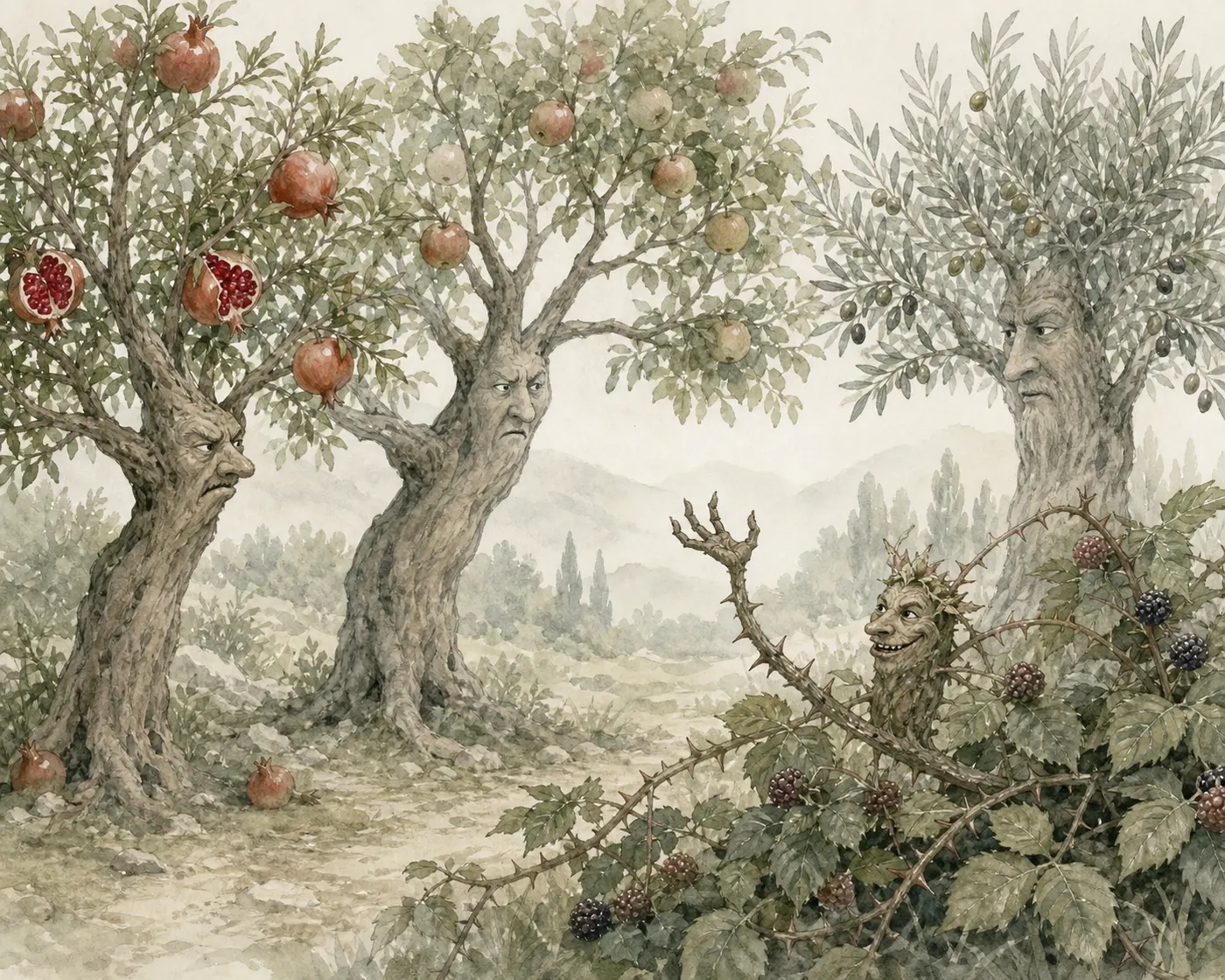 Illustration for Aesop’s fable “The Pomegranate, the Apple Tree, the Olive, and the Bramble”