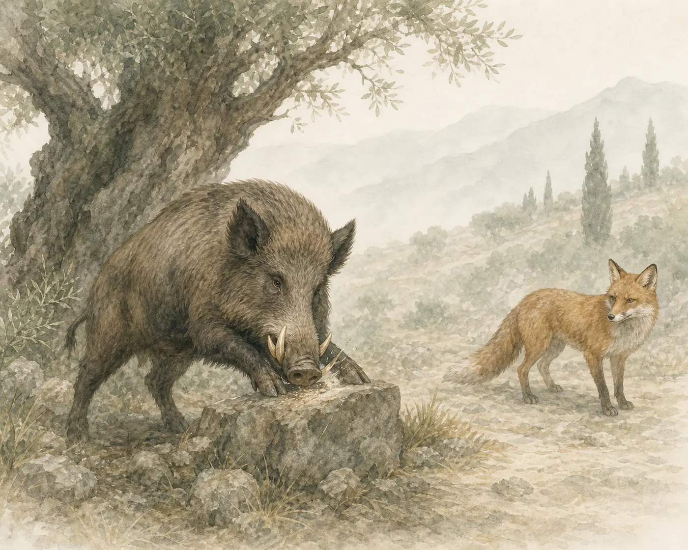 Illustration for Aesop’s fable “The Boar and the Fox”