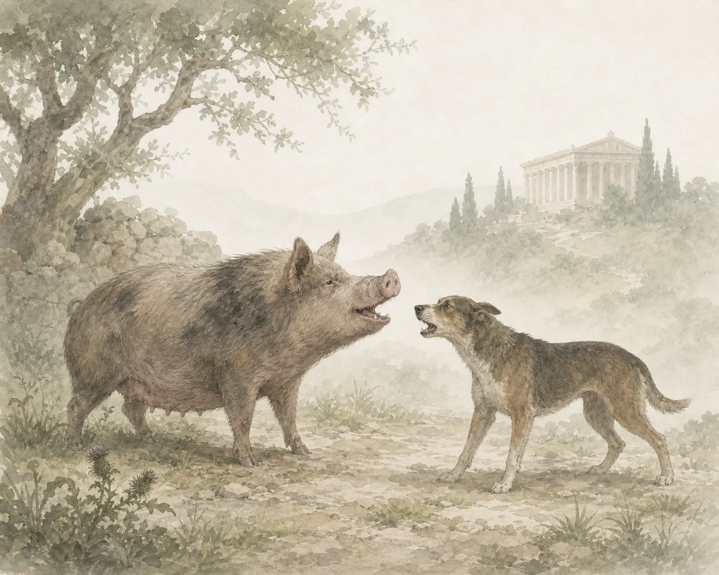Illustration for Aesop’s fable “The Sow and the Bitch Trading Insults”