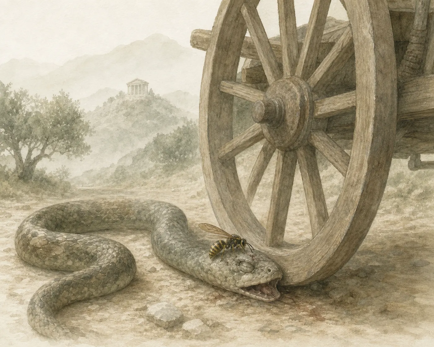 Illustration for Aesop’s fable “The Wasp and the Serpent”