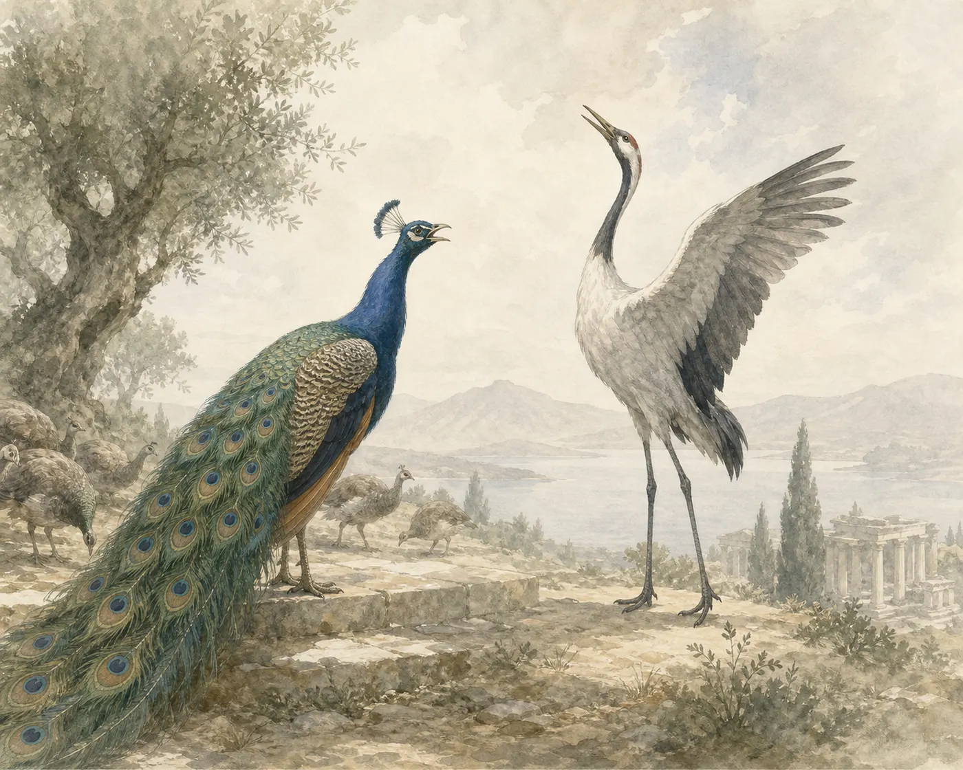 Illustration for Aesop’s fable “The Peacock and the Crane”