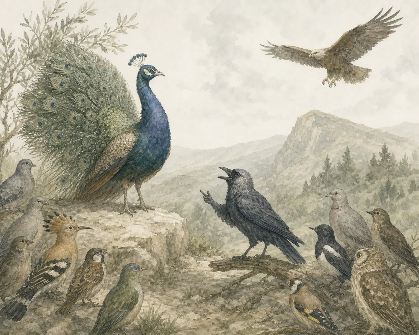 Illustration for Aesop’s fable “The Peacock and the Jackdaw”