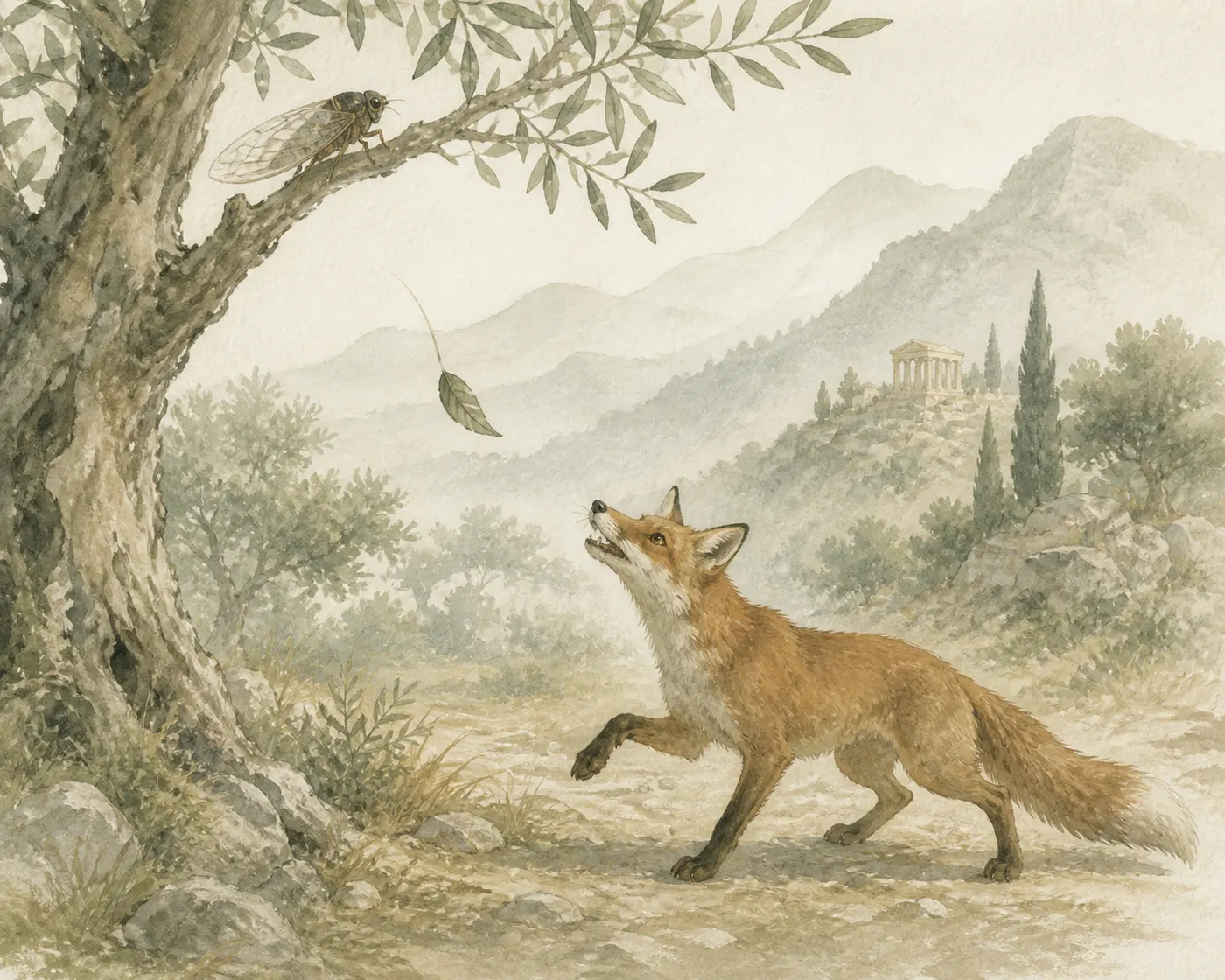 Illustration for Aesop’s fable “The Cicada and the Fox”