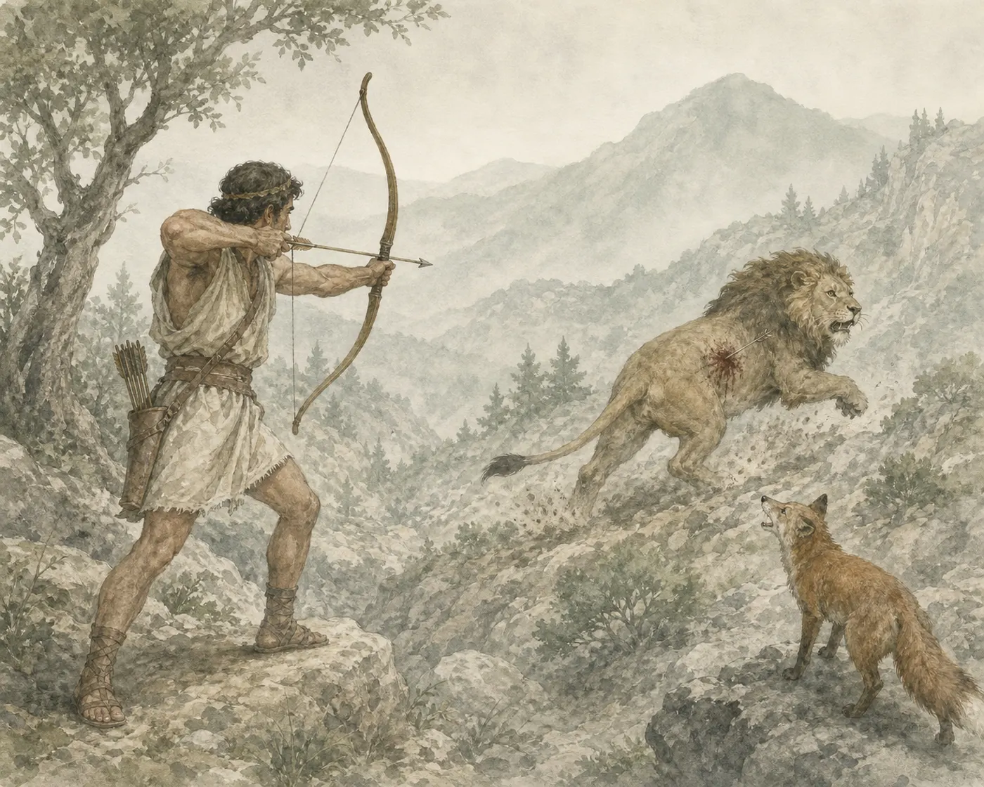 Illustration for Aesop’s fable “The Archer and the Lion”