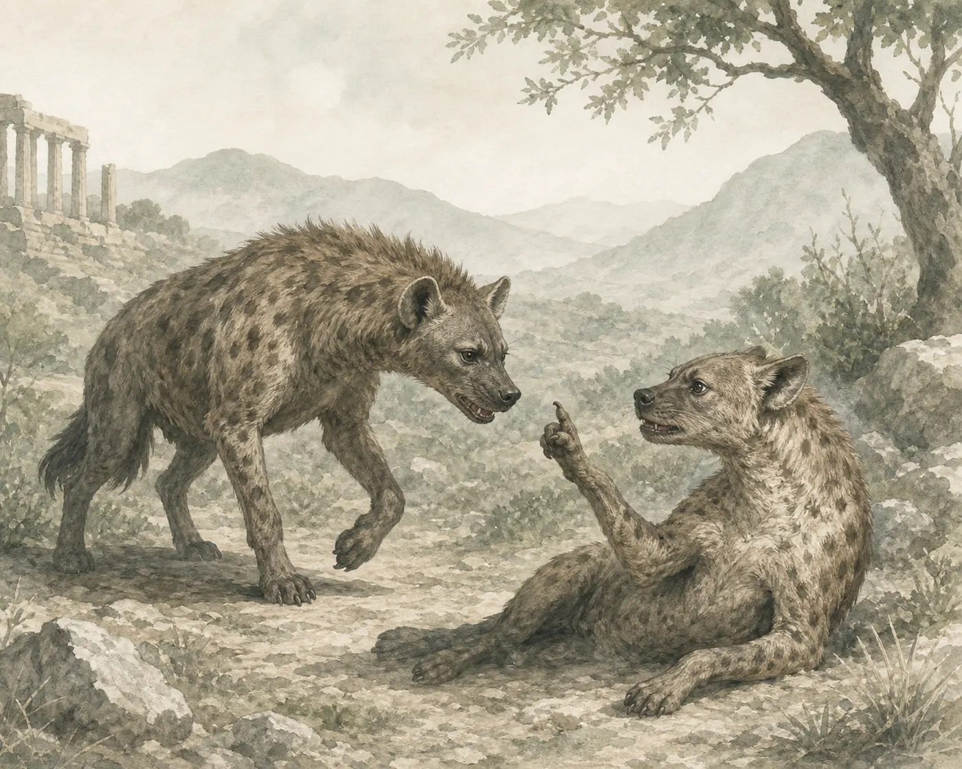 Illustration for Aesop’s fable “The Hyenas”