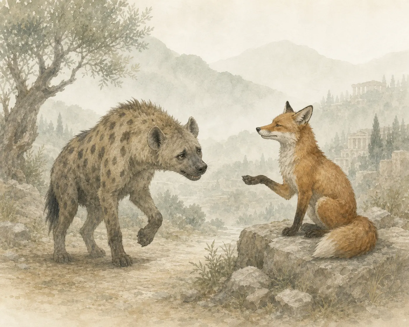 Illustration for Aesop’s fable “The Hyena and the Fox”